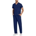thumbnail image 3 of QATAINLAV Mens Scrubs Set Short Sleeve V Neck Scrub Top & Jogger Pants with Pockets 2 Piece Outfits Solid Color Casual Workwear Uniform, Dark Blue, M, Birthday Gifts, 3 of 8