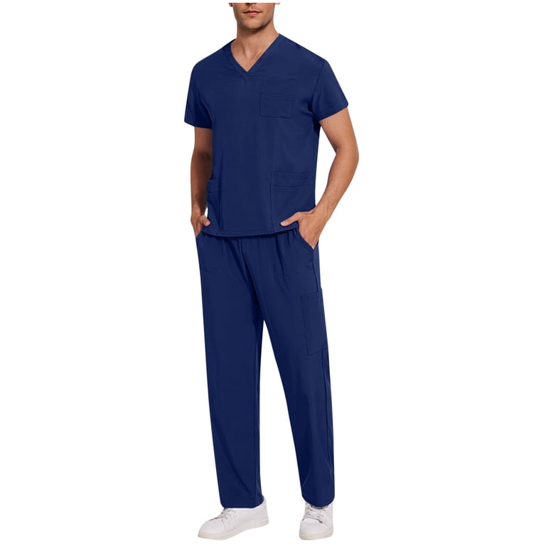 Mens Working Set Suits Solid Color V-neck Pocket Caregiver Short