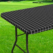 Fitted Plastic Tablecloth, Rectangle Vinyl Cover with Flannel Backing for 72x30 Inch Tables, Waterproof for Camping BBQ Indoor Outdoor Use, Black