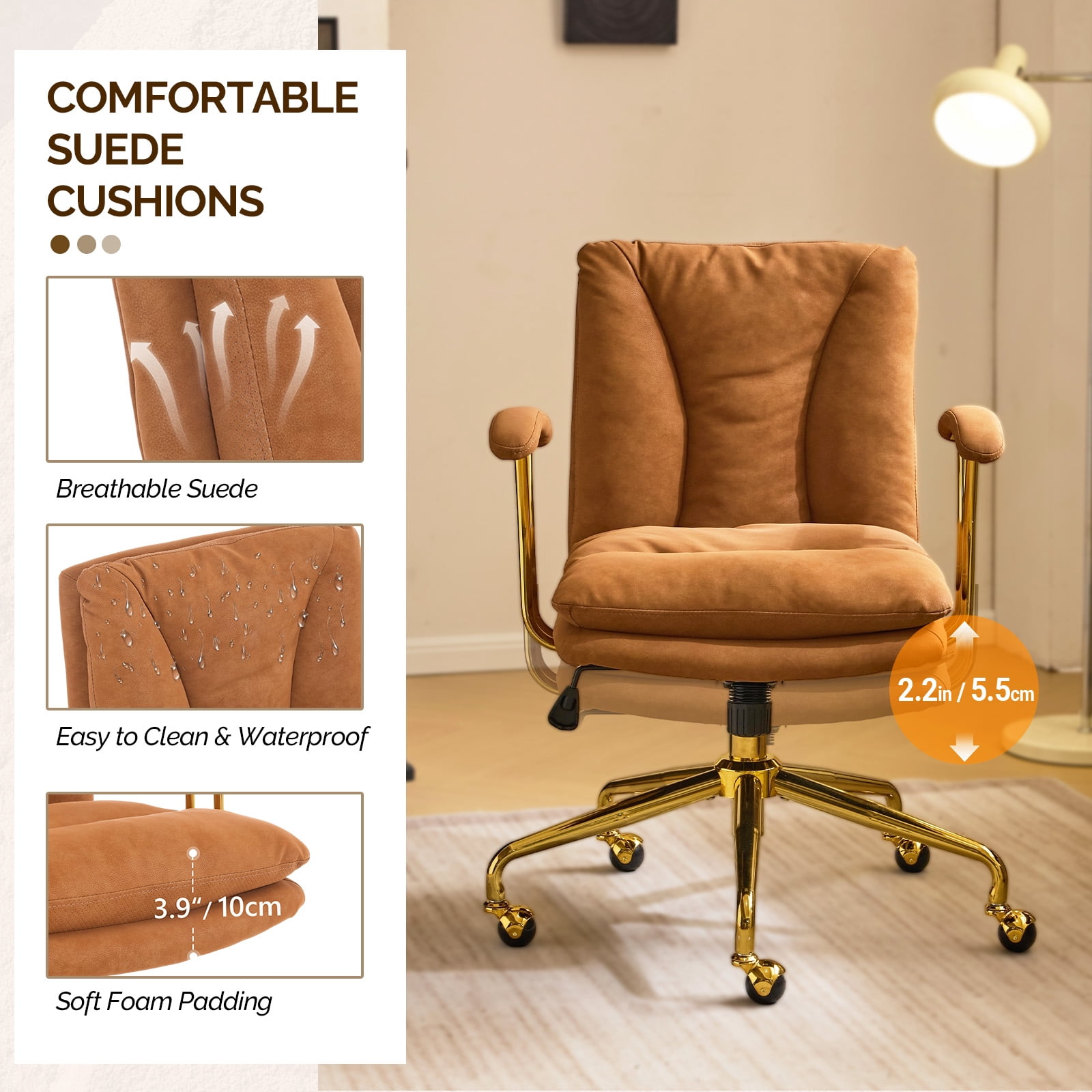 Ktaxon Office Chair High Back Study Chair Faux Leather Adjustable Swivel Vanity Chair with Padded Armrests for Conference and Home Brown