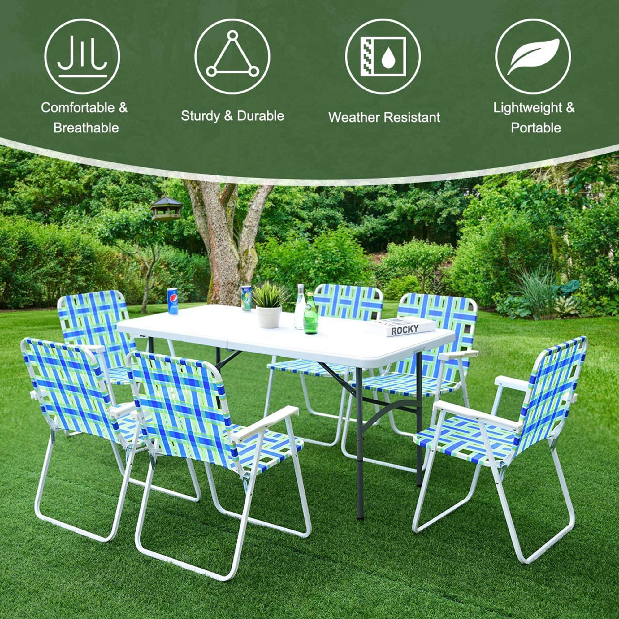 Gymax Set of 6 Patio Folding Web Chair Set Portable Beach Camping Chair Blue