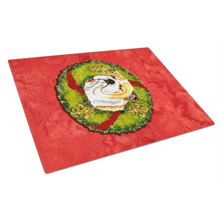 

Carolines Treasures SC9098LCB Bulldog English Christmas Wreath Glass Cutting Board Large 12H x 16W multicolor