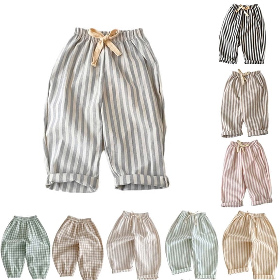 BCSIOAOI Toddler Pants for Boys Girls,Linen Elastic Waist Striped & Plaid Loose Casual Pants Blue 2-3t