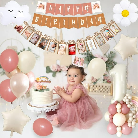 First Birthday Decorations for Girl, Boho Rainbow 1st Birthday Decorations, Bohemian Rainbow Baby Monthly Milestone Photo Banner, Cake Topper for Birthday Photo Shoot Prop and 1st Birthday Party
