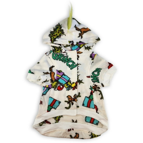 Manteau pour Chien Coloré 1-Pièce à Imprimé Intégral des Fêtes Grinch pour Votre Ami Poilu. Fait de Micropolaire Douillette, Cette Veste à Capuche 1-Pièce Est Douce et Douillette.