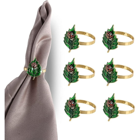 Servette Home Green Leaf with Lady Bug Metal Napkin Rings Set of 6