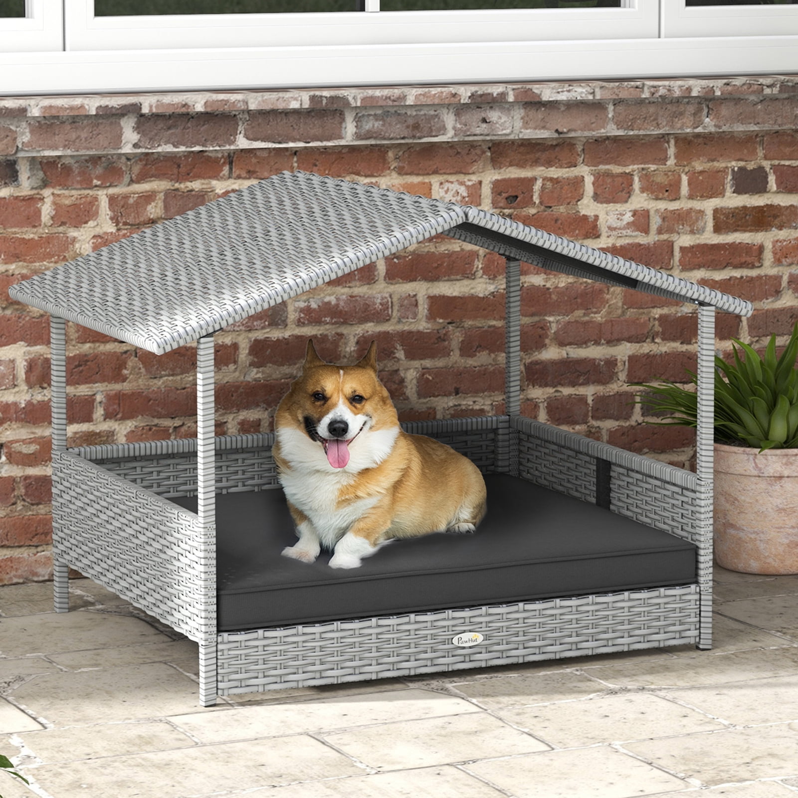 ZephyPaws 2-in-1 Wicker Dog House,Elevated Dog Bed for Indoor/Outdoor with Removable Canopy,Large Dog House with Raised Pet Cot Cool,Breathable,Shade,Waterproof with Non-Slip Feet,Gray