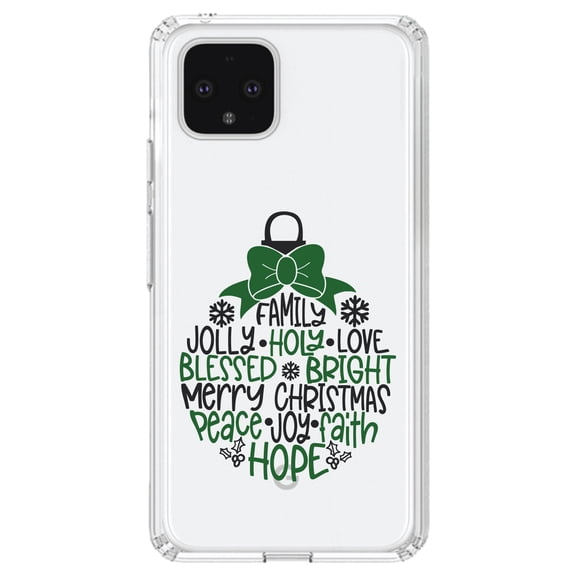 DistinctInk Clear Shockproof Hybrid Case for Google Pixel 4 XL (6.3" Screen) - TPU Bumper Acrylic Back Tempered Glass Screen Protector - Christmas Words Ornament Black Green