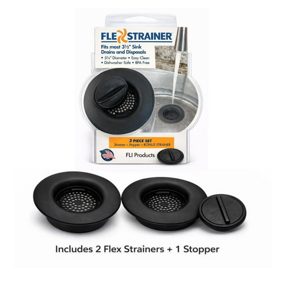Flex Strainer® Sink Drain Strainer with Optional Stopper – No Center Stem, Fits Standard 3½” Sink Drains & Disposals – Easy Clean, Dishwasher Safe – Made in USA – Black, 3-Pack