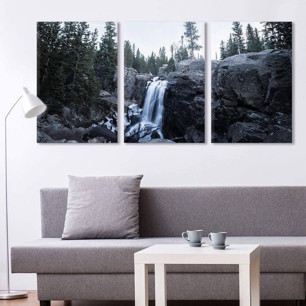 Wall26 3 Panel Canvas Wall Art Landscape Waterfall in Rocky Mountain