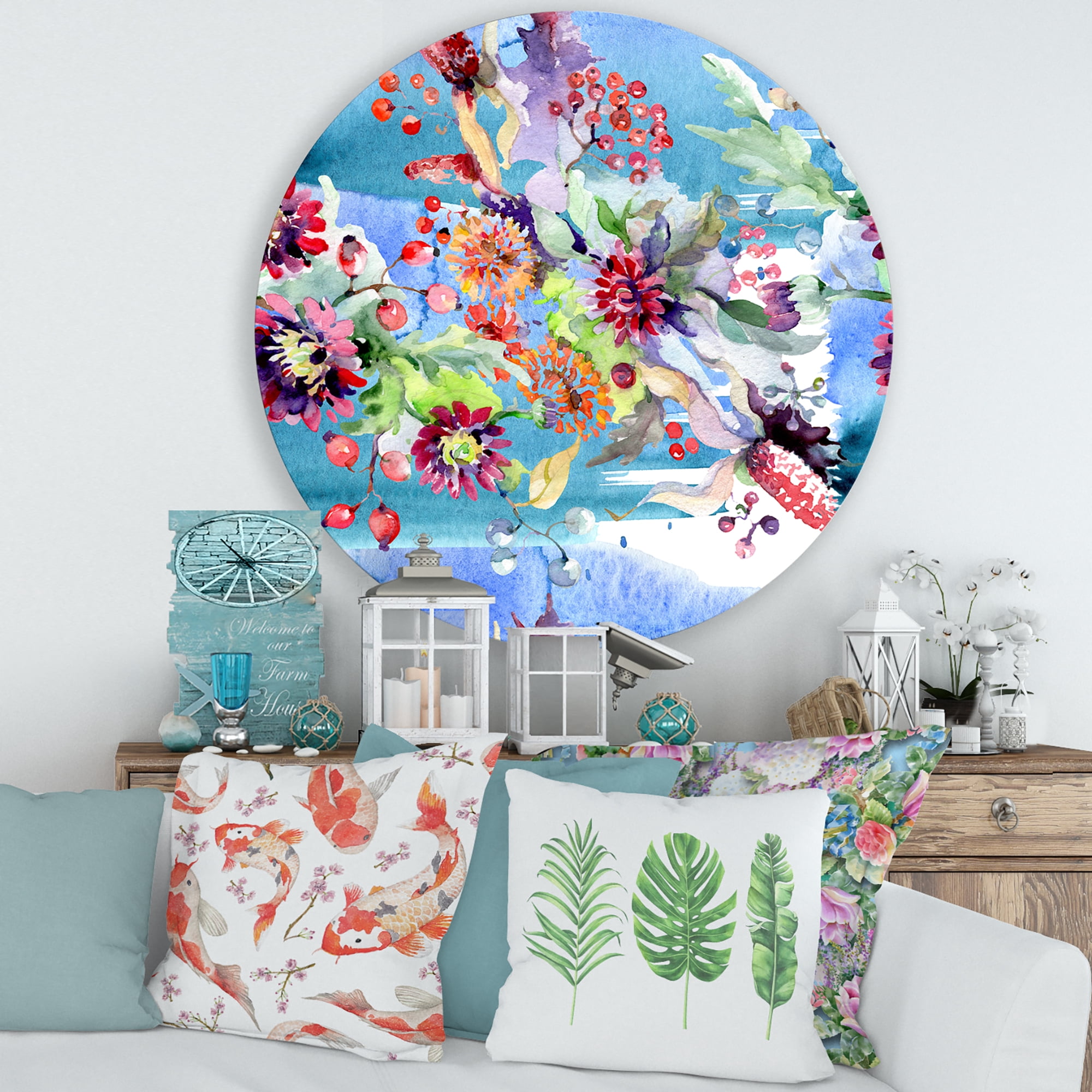 Designart 'Wildflowers and Vibrant Wild Spring Leaves XIII' Modern Circle Metal Wall Art 29x29 - Disc of 29