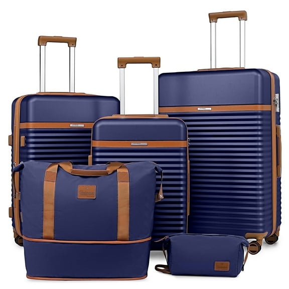 Joyway 5-Piece Luggage Set ABS Hardshell Spinner Suitcase with TSA Lock（Expandable 20"and 24" Carry-On）28"Checked Luggage-Navy Brown