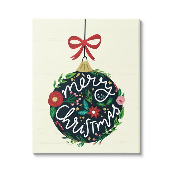 Stupell Industries Merry Christmas Hanging Botanical Ornament Red Bow Graphic Art Gallery Wrapped Canvas Print Wall Art, Design by Louise Allen