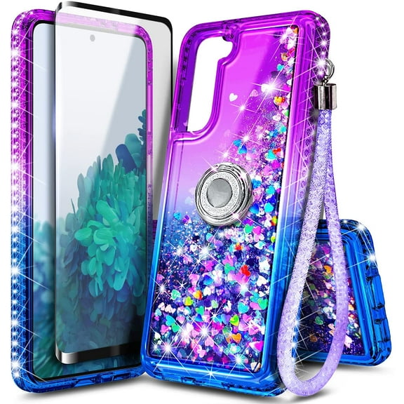 Nagebee Case for Samsung Galaxy S21 FE 5G with Tempered Glass Screen Protector (Full Coverage), Sparkle Glitter Liquid Bling Diamond [Ring Holder & Strap] Women Girls Cute Case (Purple/Blue)