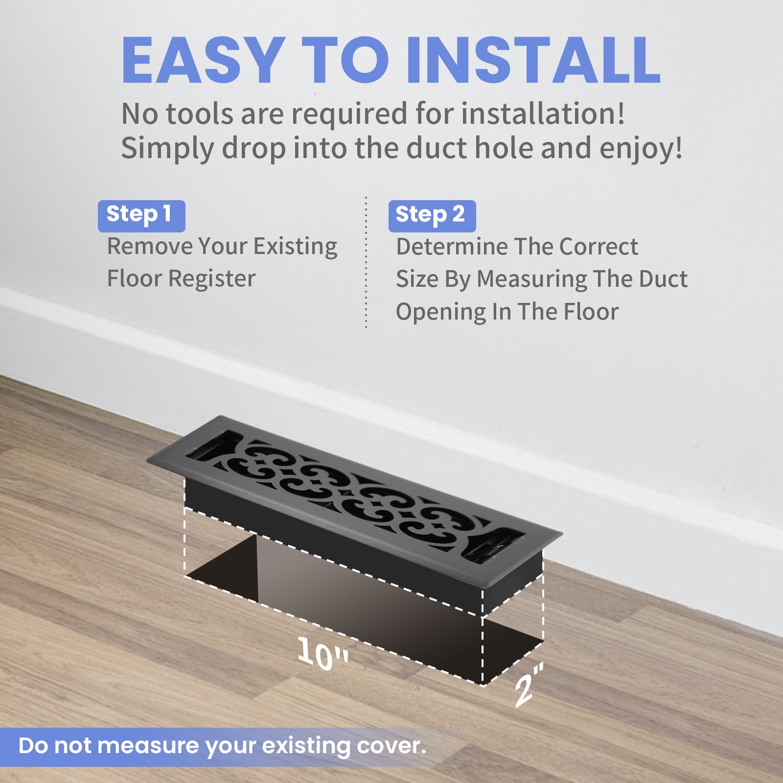 2x10 Inches 2 Pack Heavy Duty Walkable Floor Register Easy Adjust Air Supply Lever Floor Vents - Charlotte Design - Vent Cover for Home Floor - Matte Black