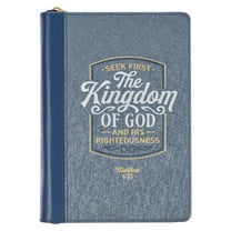 Classic Faux Leather Journal Seek First The Kingdom of God Mathew 6:33 Blue Inspirational Notebook, Lined Pages w/Scripture, Ribbon Marker, Zipper Closure