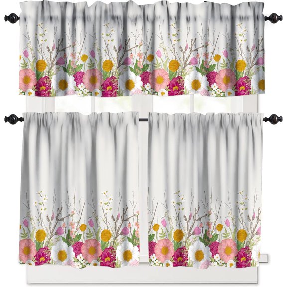 Pink Floral Home Decor Window Valance,Spring Romantic Garden Kids Girls Bedroom Living Room Kitchen Decorative Curtains Valance 3 Piece Set