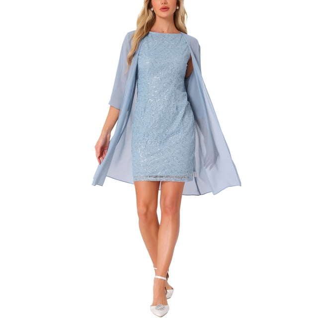 Conjunto de vestido de encaje floral con lentejuelas y cubre vestido de gasa de 2 piezas para mujer XL azul