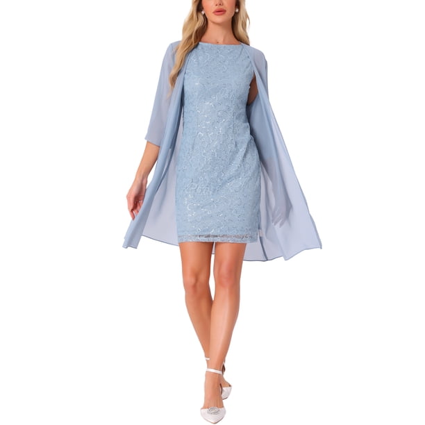 Conjunto de vestido de encaje floral con lentejuelas para mujer INSPIRE CHIC con cubierta de gasa de 2 piezas L azul