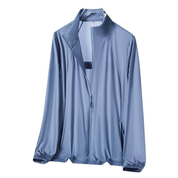 Xfvqtps Mens Light Jacket Sun Protection Air Hole Breathable Summer Stand up Collar Zipper Solid Color Coat for Fishing Hiking Athletic Running Blue