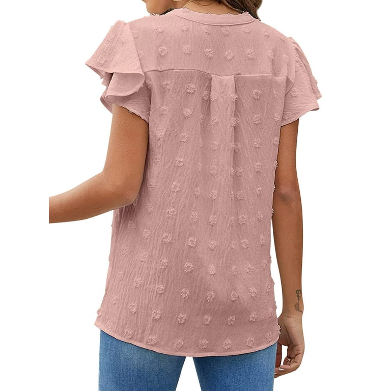 トップス S dot flow frill tops ZXSXSY Women Swiss Dot Ruffle Short Sleeve V Neck Solid