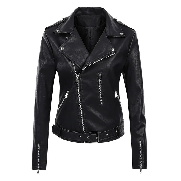Fesfesfes Leather Jacket for Women Jacket Solid Long Sleeve Zipper Pocket Outerwear Tops Short Coat Sale on Clearance