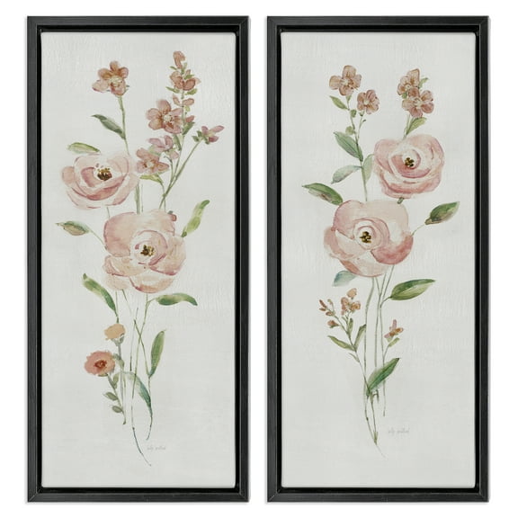 Stupell Industries Simple Pink Watercolor Flowers Plants & Flowers Painting Black Floater Framed Canvas Art Print Wall Art, 11 x 25, Set of 2