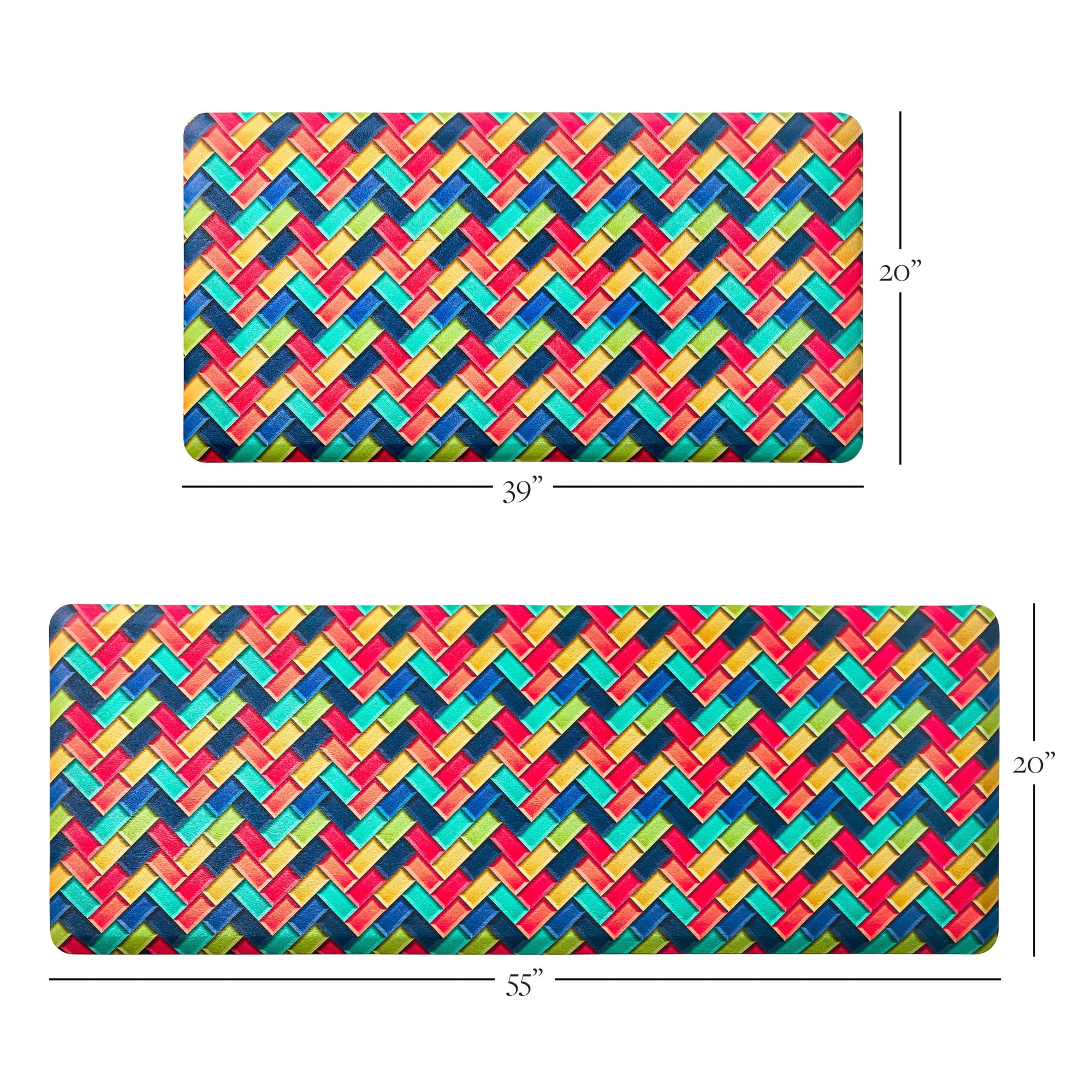 FIESTA Party Herringbone Tiles Modern Geo Anti-Fatigue Comfort Kitchen Mat, Non-Slip Floor Mat, Padded Standing Desk Mat, Red/Blue/Yellow, 20"x39"