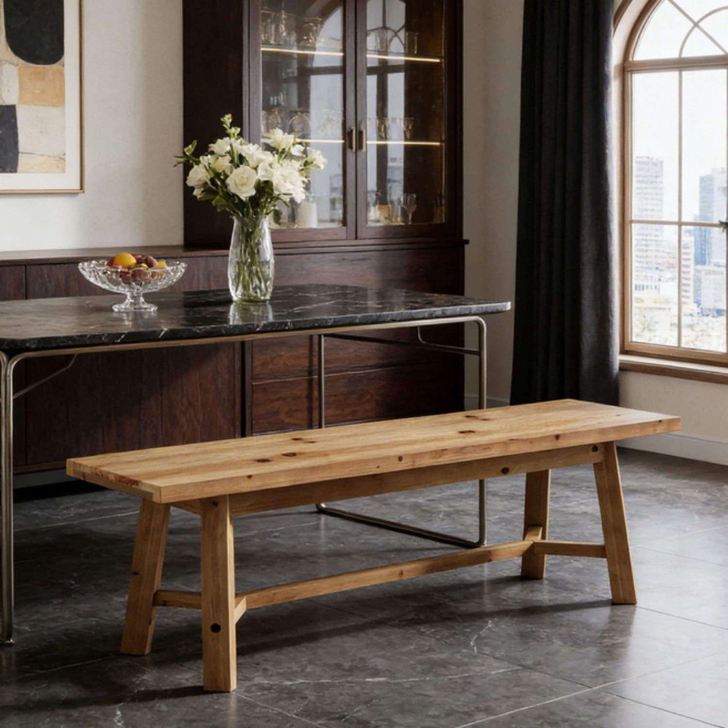 Solid Wood Dining Bench, 55.12 in Wide, Rustic Finish, Supports 400 lb