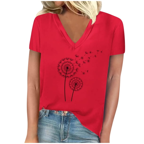 Camisetas de Manga Corta para las Mujeres, Impresión de Cuello en V Camiseta Casual Top Hecho de 95% Poliéster 5% Spandex para el Uso Diario de Primavera Verano, Camisetas para las Mujeres Casual