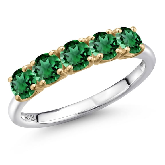 Gem Stone King 925 Silver and 10K Yellow Gold Green Nano Emerald Wedding-Bands Ring for Women | 1.50 Cttw | Round 4MM | Gemstone May Birthstone | Size 5