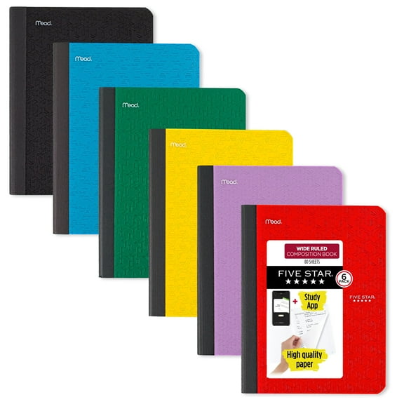 Five Star Composition Book   Study App, Wide Ruled, 7.5" x 9.75", 80 Sheets, 6 Pack