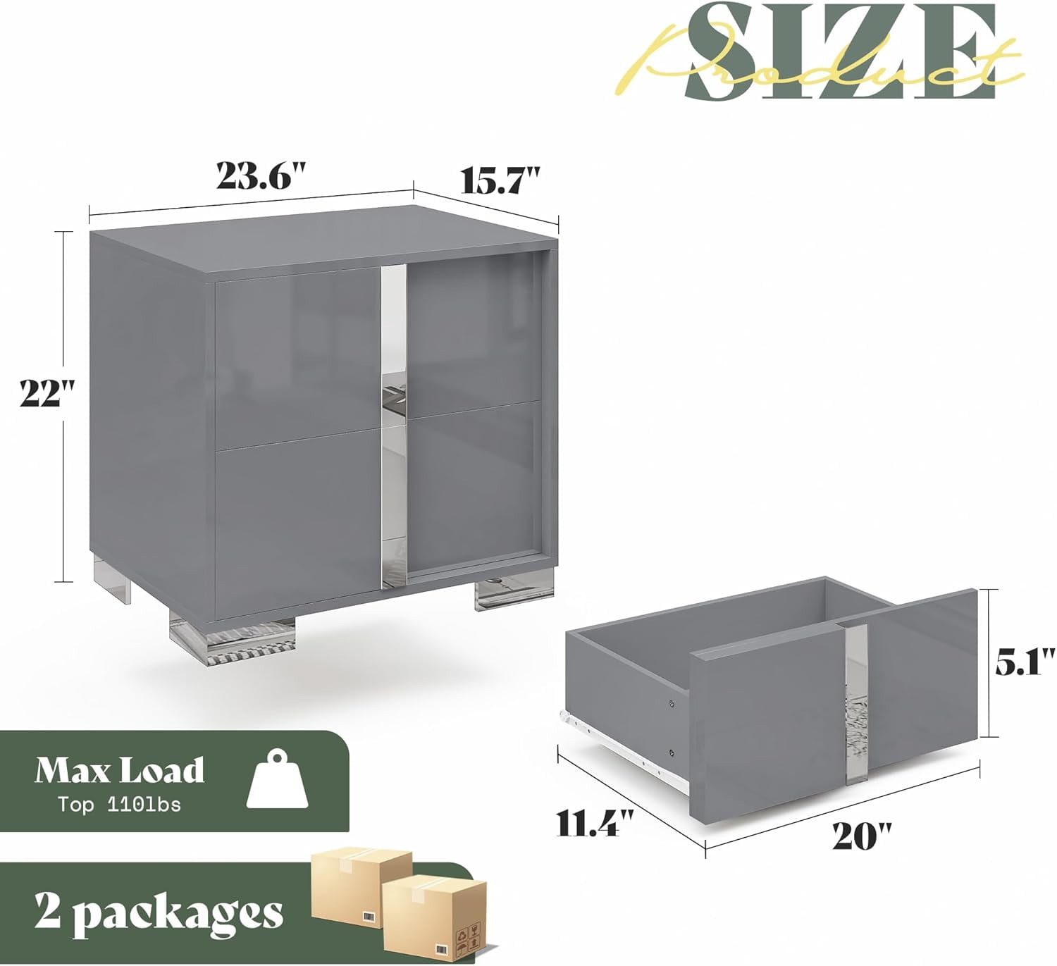 VanAcc Nightstand Set of 2 with Drawers & High Gloss UV Finish,Storage End Tables for Bedroom,Grey
