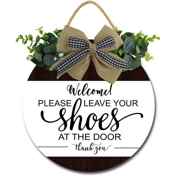 Eveokoki 12" Welcome Please Remove Your Shoes At the Door Signs for Front Door Farmhouse Porch Rustic Round Wooden Hanging Wreaths for Housewarming Gift Christmas Festival Decoration Outdoor Indoor