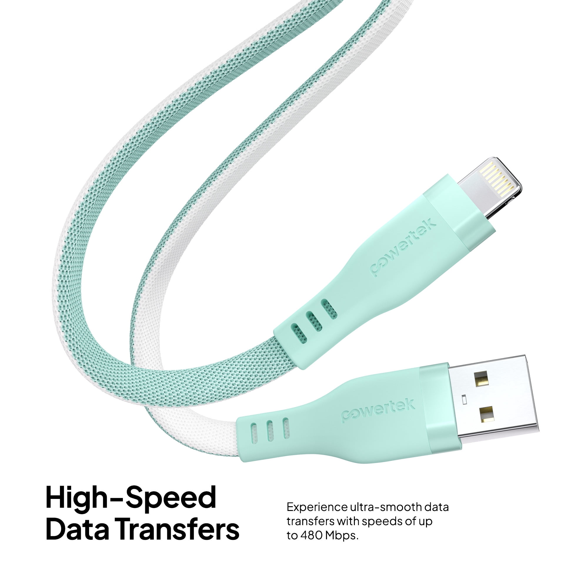 Powertek MFi USB-A to Lightning Two-Tone Pastel Fast Charge Cable, 6 ft, Mint