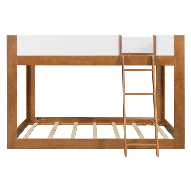 Queen-Over-Queen Low-Profile Bunk Bed with Guardrails, Wooden Kids Bed with Reversible Ladder, Accent Two-Tone Bed Frame