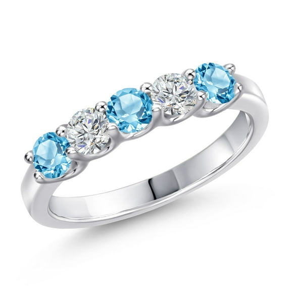 Gem Stone King 925 Sterling Silver Swiss Blue Topaz and Lab Grown Diamond Wedding-Bands Ring for Women | 0.94 Cttw | Round 3.5MM | Gemstone November Birthstone | Size 5