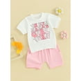 thumbnail image 4 of Musuos Toddler Girl Summer Outfit 6 12 18 24M 3T Letter Print Crew Neck Short Sleeve T-Shirts Tops and Shorts 2Pcs Clothes Set, 4 of 10