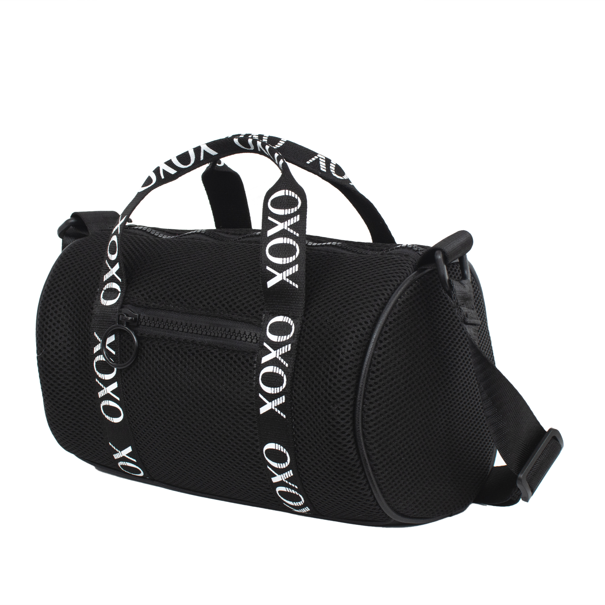 XOXO Women's Fabric Black Mesh Everyday Barrel Bag withTop Handles & Adjustable Strap