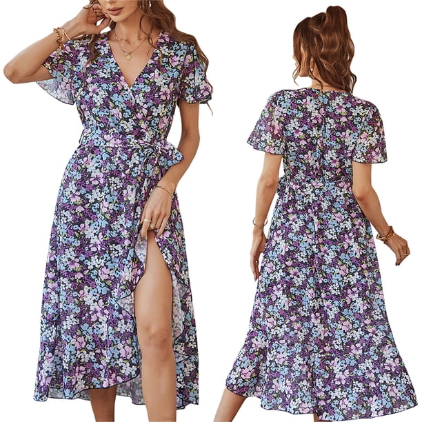 Txlixc Vestido sin mangas para mujer con cinturón ajustable, ropa dividida floral Txlixc Moda