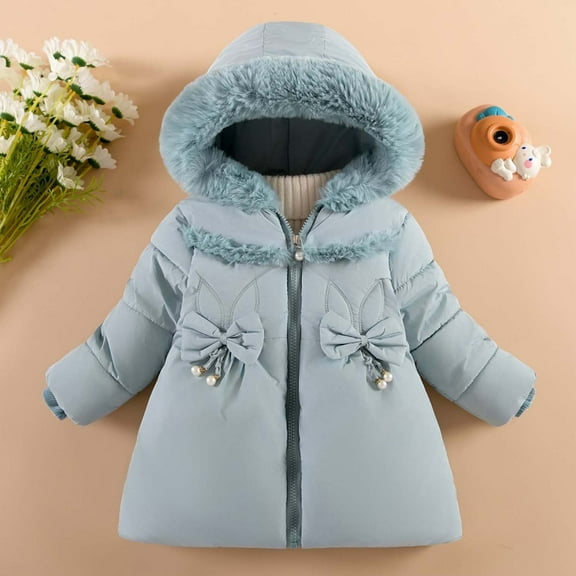 NAISIBABY Puffer Jacket for Girls, Fashion Elastic Waist Keep Warm Kids Winter Hooded Coat Light Blue 2-3T