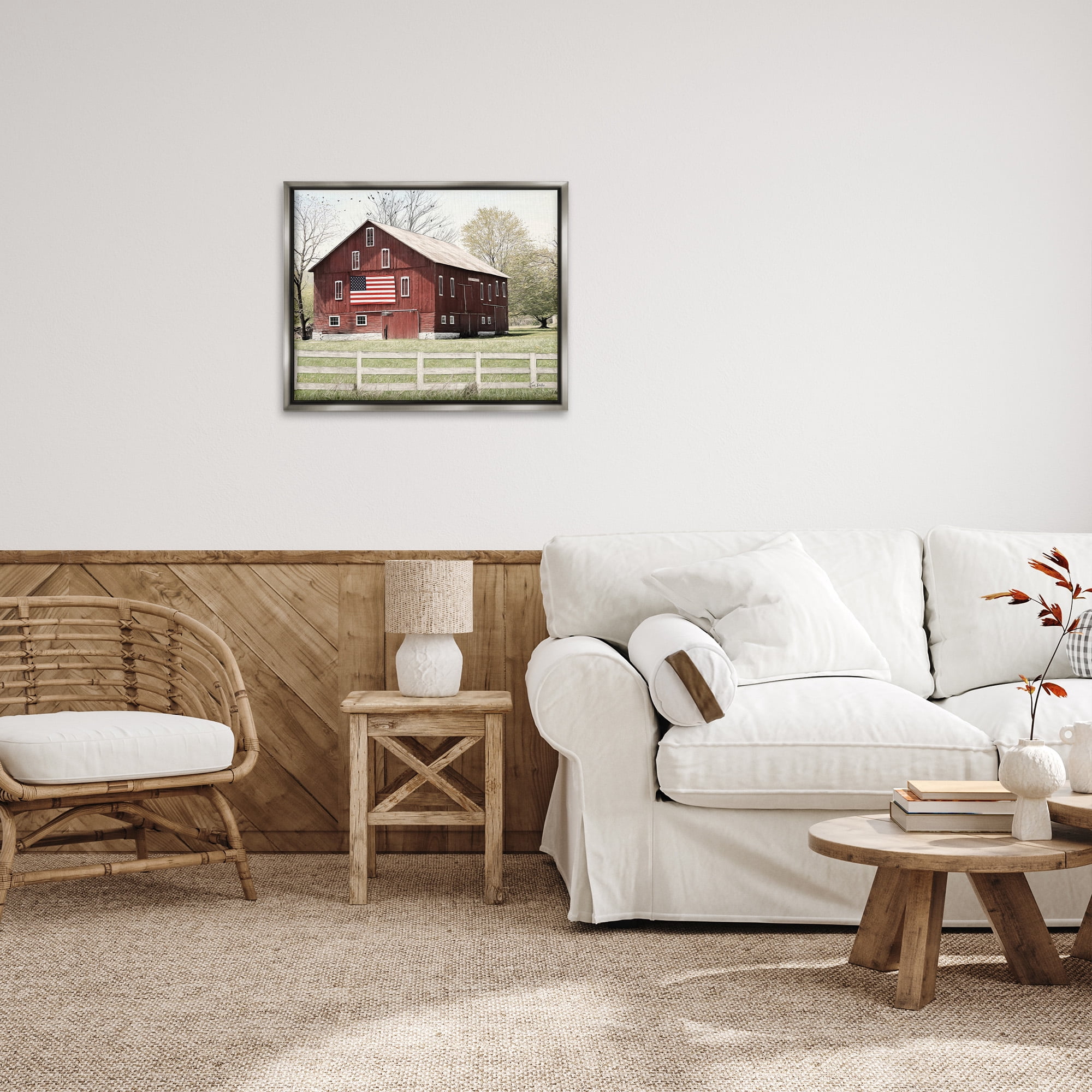 Stupell Industries Patriotic Barn Flag Landscape Painting Gray Floater Framed Canvas Art Print Wall Art, 31 x 25