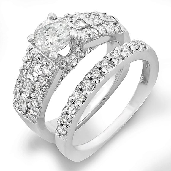 Dazzlingrock Collection 2.00 Carat (Ctw) 14k Round & Baguette Diamond Ladies Bridal Engagement Ring with Matching Wedding Band Set; 0.70 CT Center, White Gold, Size 7