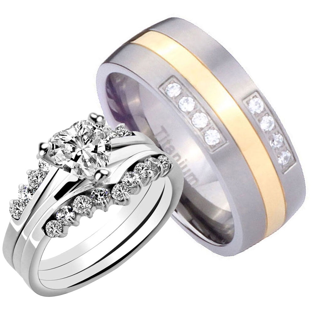 Bride Groom 2 6ct Sterling Silver 925 Heart Cz Gold Plated Titanium