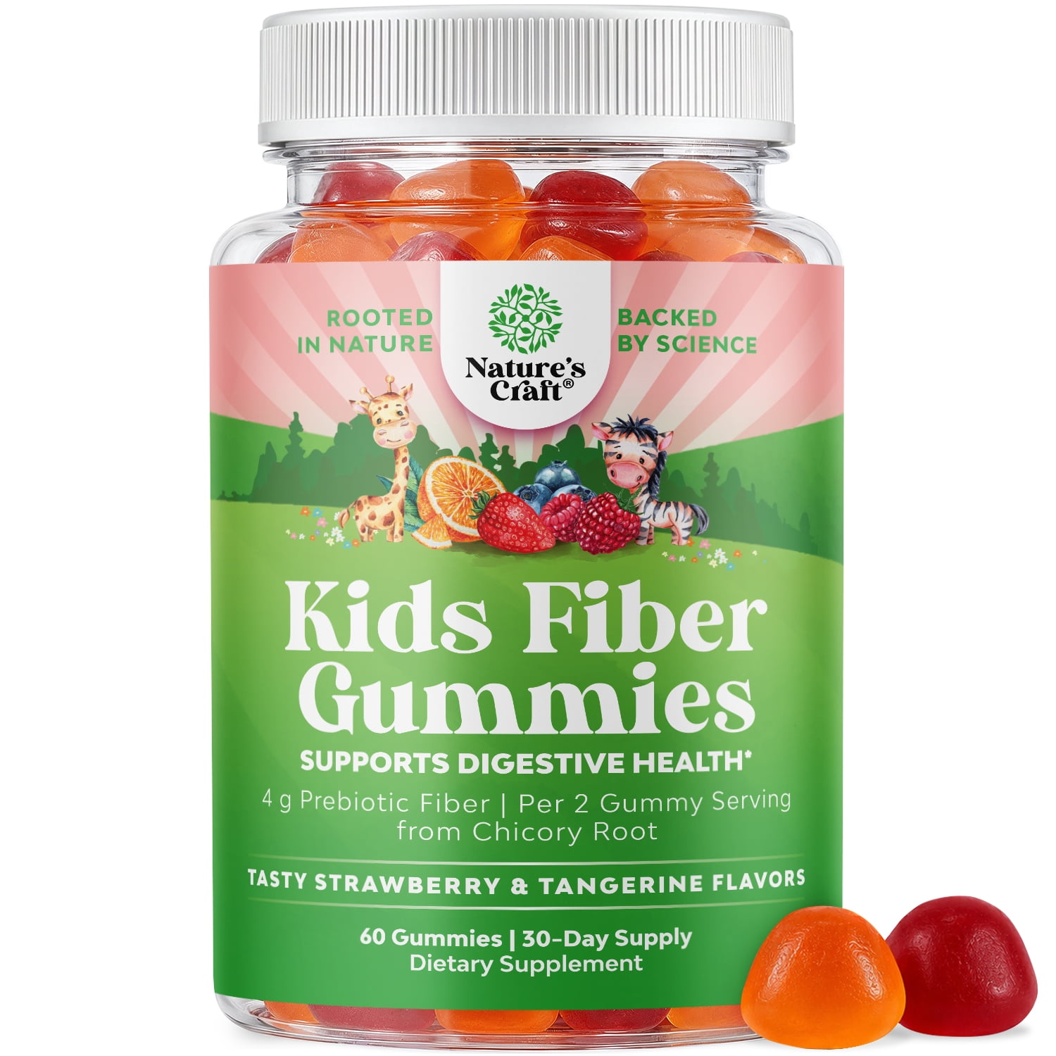 Natures Craft Prebiotic Fiber Gummies for Kids Digestive Health, Orange and Mixed Berry, 60 Count