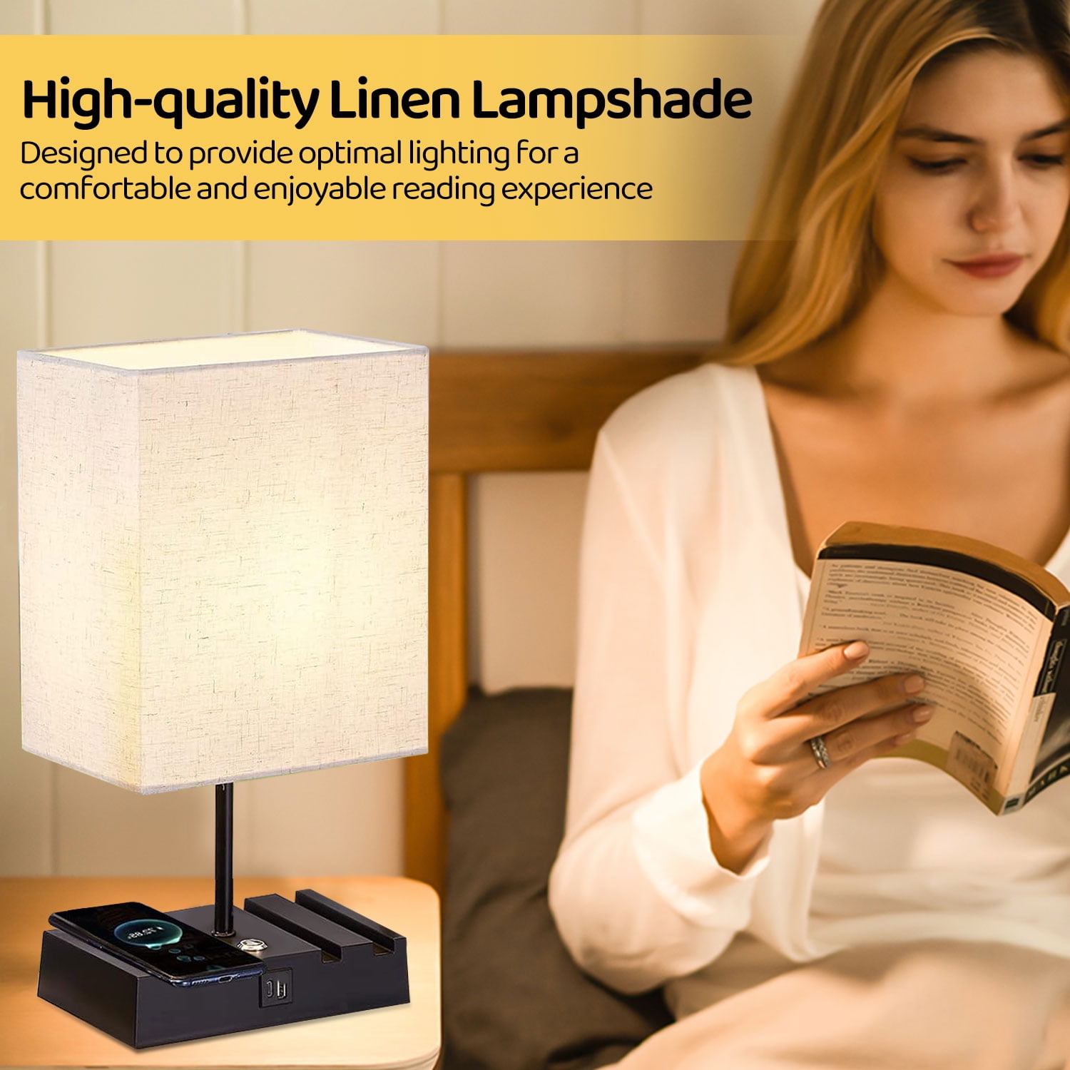 HadinEEon 15.9" Iron Bedside Table Lamp with Off-White Shade