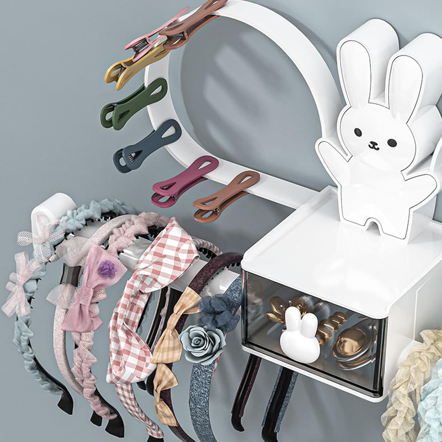 Rabbit Headband Holder Organizer, Multifunctional Wall Mounted Hair Accessory Holder for Hair Clips, Hair Bands, Jewelry, Necklaces, Bracelets, Home Storage and Organizer for Bedroom, White