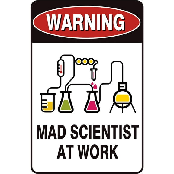 Vintage Tin Sign Retro Metal Funny Warning Mad Scientist At Work Signs for Home Decor Stylish Wall Art Plaques Gift for Bathroom Kitchen and Gothic Wall Decor in Every Room 12x8 in
