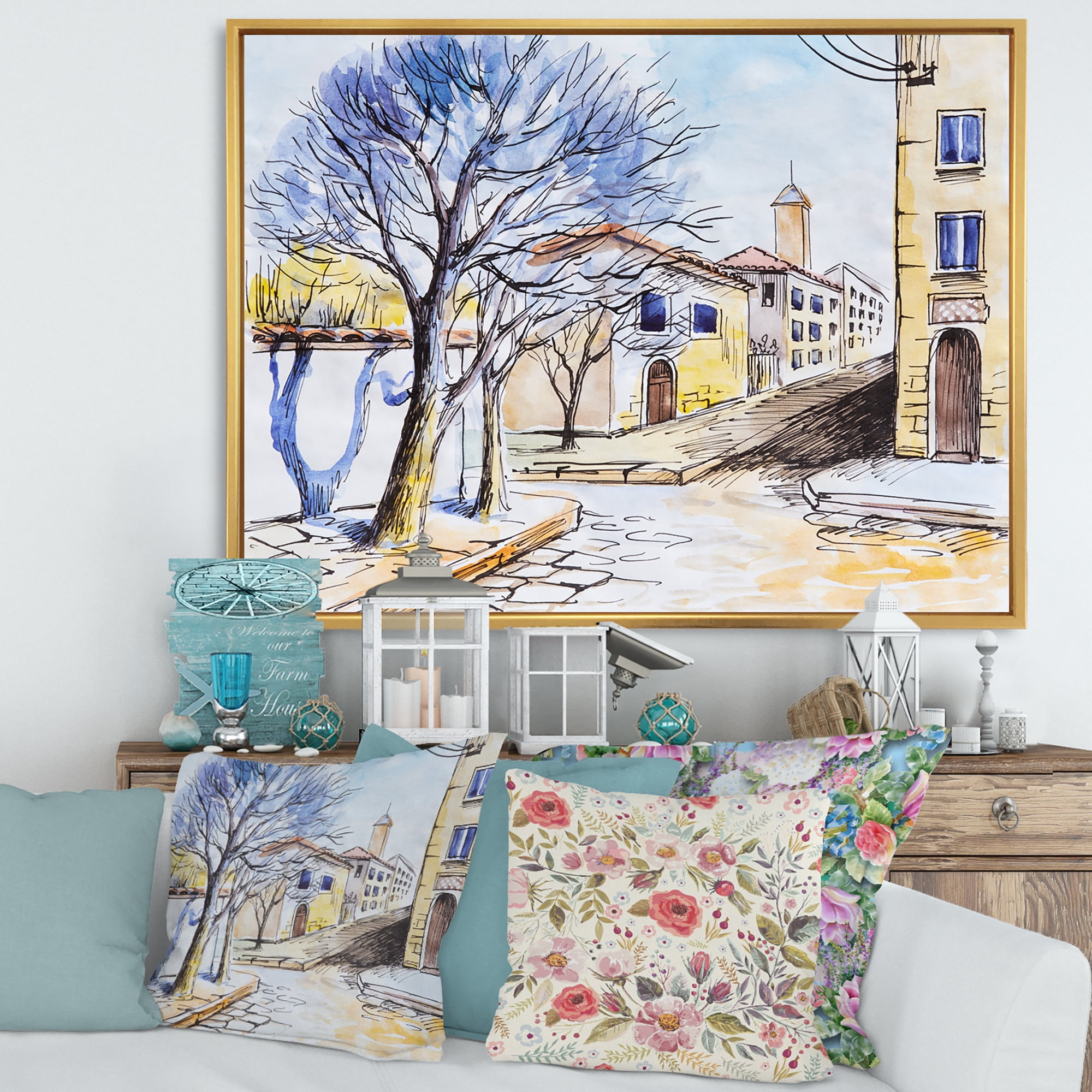 Designart 'Vintage White House In Summer VIllage' Traditional Framed Canvas Wall Art Print