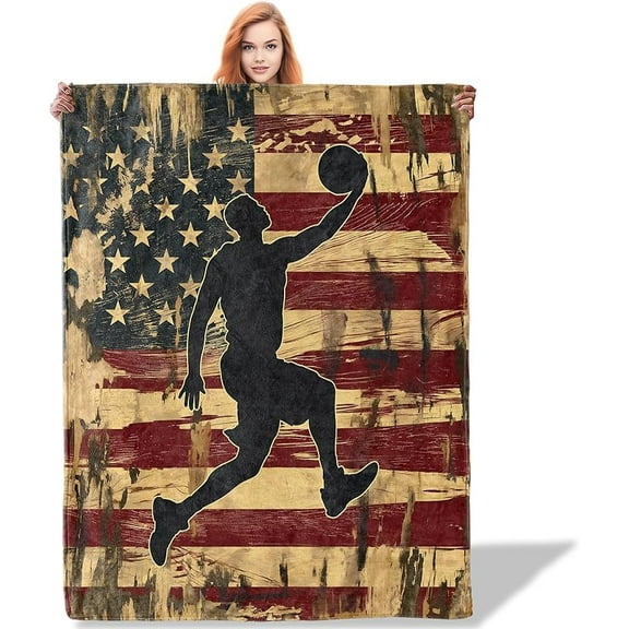 Vintage Basketball and American Flag Pattern Throw Blanket 40"x50", Sports Enthusiast Blankets for Living Room Decor, Soft Flannel Polyester Basketball Gifts for Men Adults